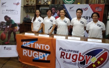 <p><strong>'GET INTO RUGBY'.</strong> Anne Marice Sajorne (center), regional development officer, with area coordinators (from left) Hannah Lescano, Angel Marie Gelisanga, Marion Mongcal and Jaycee Lyn Casilad, promoting the Philippine Rugby Football Union’s 'Get into Rugby Training and Education' in Negros Occidental in Bacolod City on Tuesday afternoon (June 26, 2018).<em>(Photo by Nanette L. Guadalquiver )</em></p>
<p> </p>